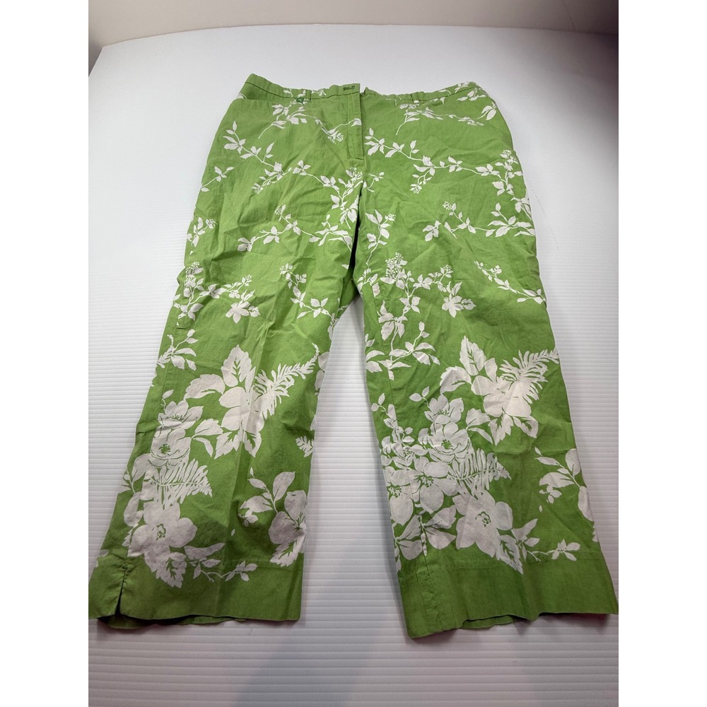 Lauren Ralph Lauren Green White Floral Cropped Pants Womens 16 High Rise Cotton